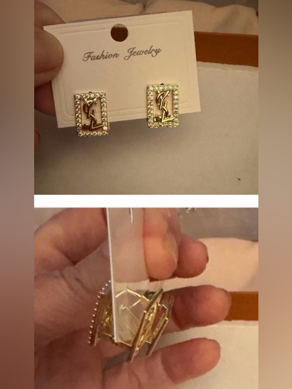 Fashion Jewelry Gold Logo Crystal-Trim Rectangular hook earrings, fashion